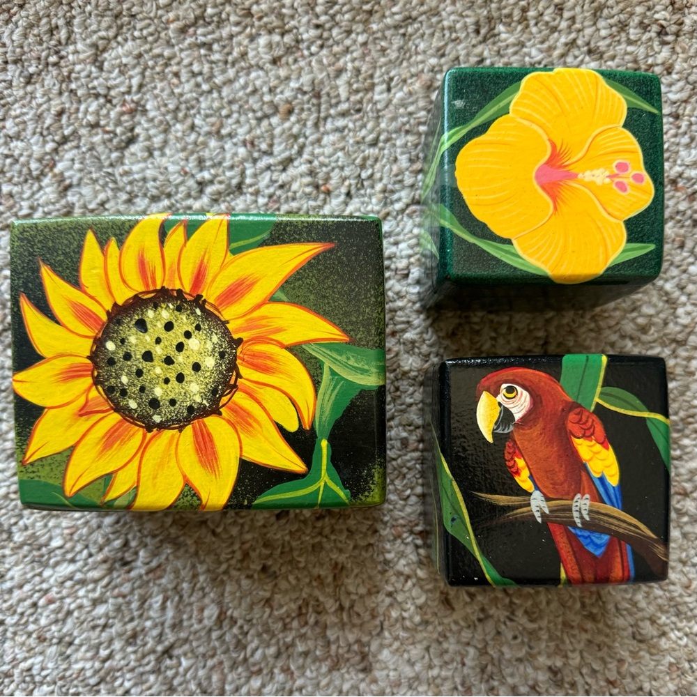 NEW 3pc Handmade Hand Crafted Carved & Painted Wooden Jewelry Boxes - Costa Rica
